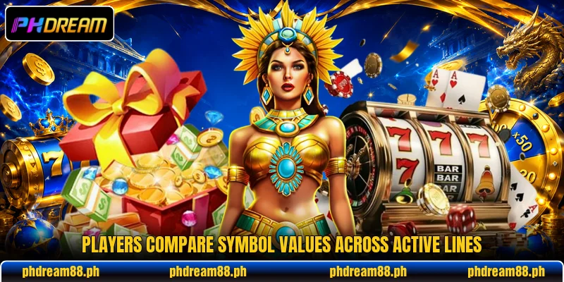 Players compare symbol values across active lines Players compare symbol values across active lines
